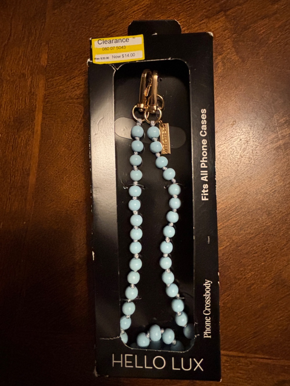 Beaded Light Blue Lanyard Necklace with Gold Hardware - 2-in-1 Phone Case Fit
